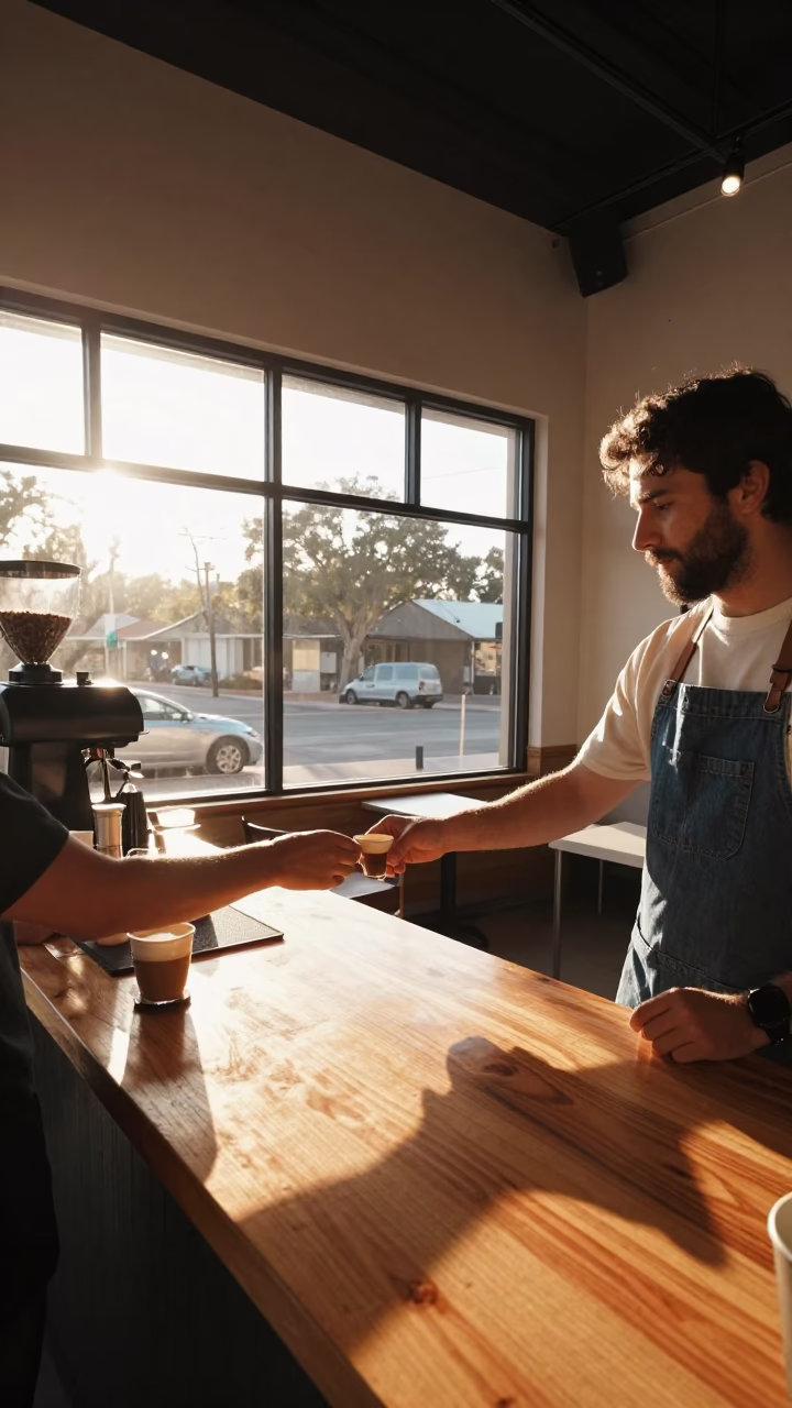 Austin Texas Coffee Shop Interior Sunlight and Local Morning Routine in in Austin, Texas, United States