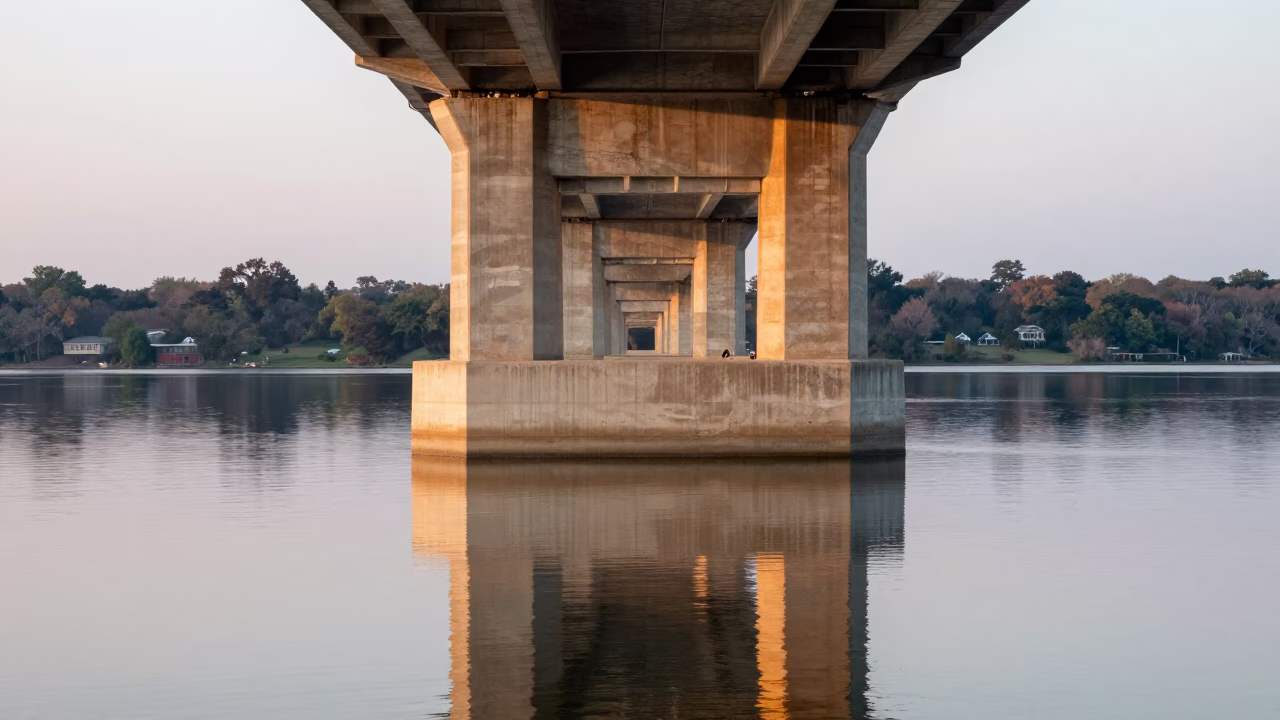 Austin Texas Dawn Bridge Pier Reflection and Limestone Architecture at First Light in in Austin, Texas, United States