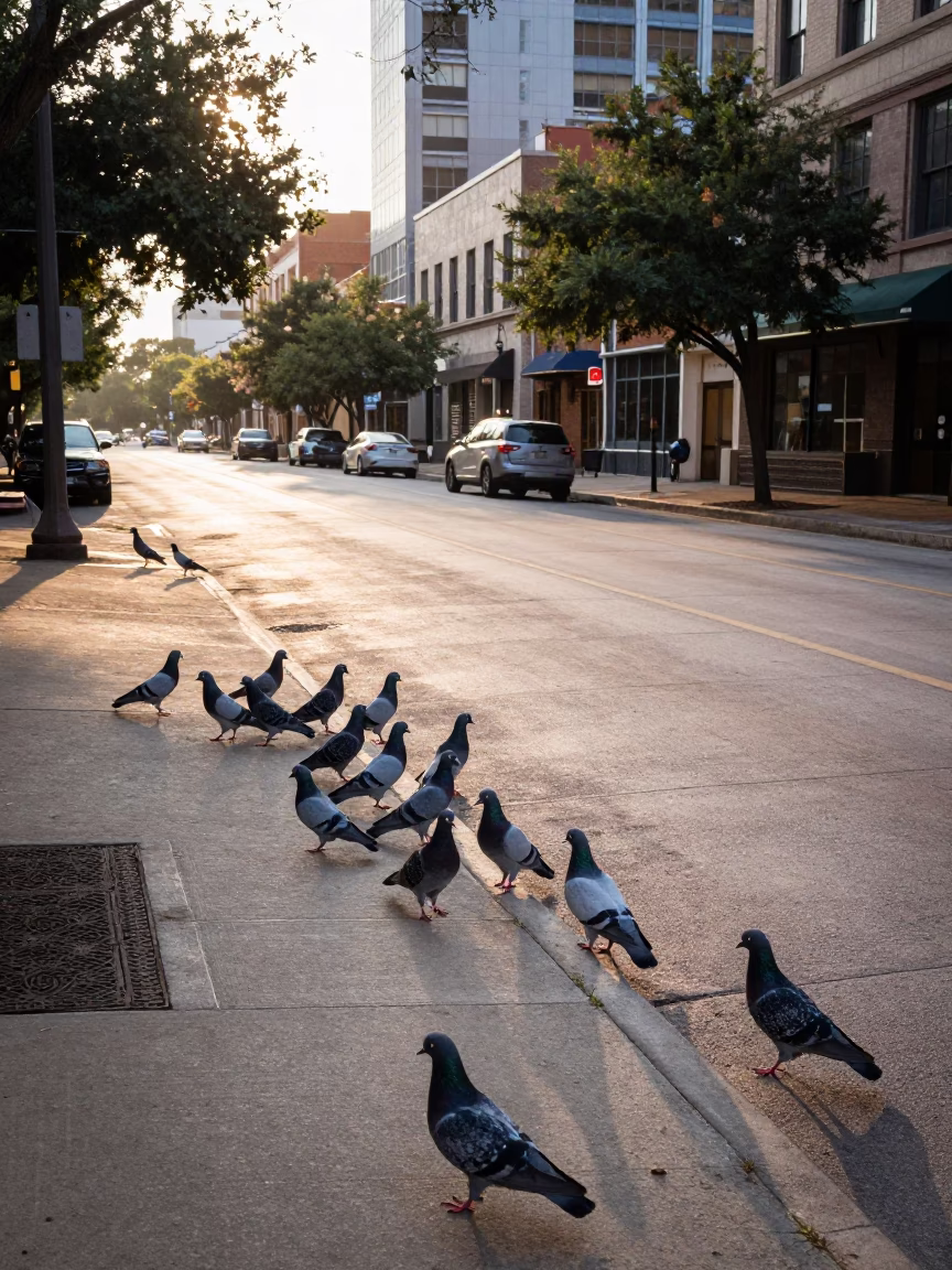 Austin Texas Dawn Street Scene with Pigeons and Urban Architecture in in Austin, Texas, United States