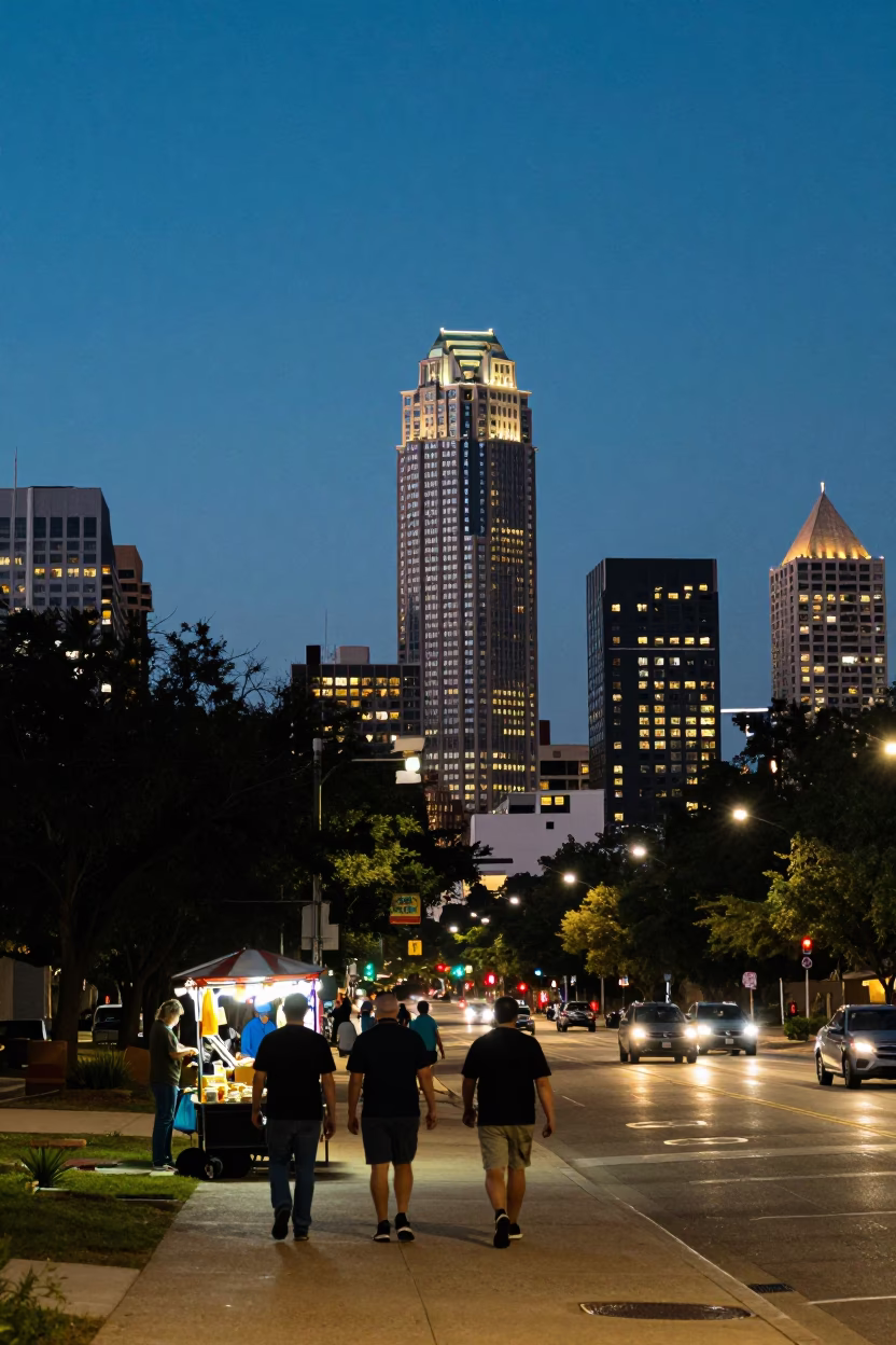 Austin Texas Downtown Skyline at Dusk with Street Level Urban Scene and Neon Reflections in in Austin, Texas, United States