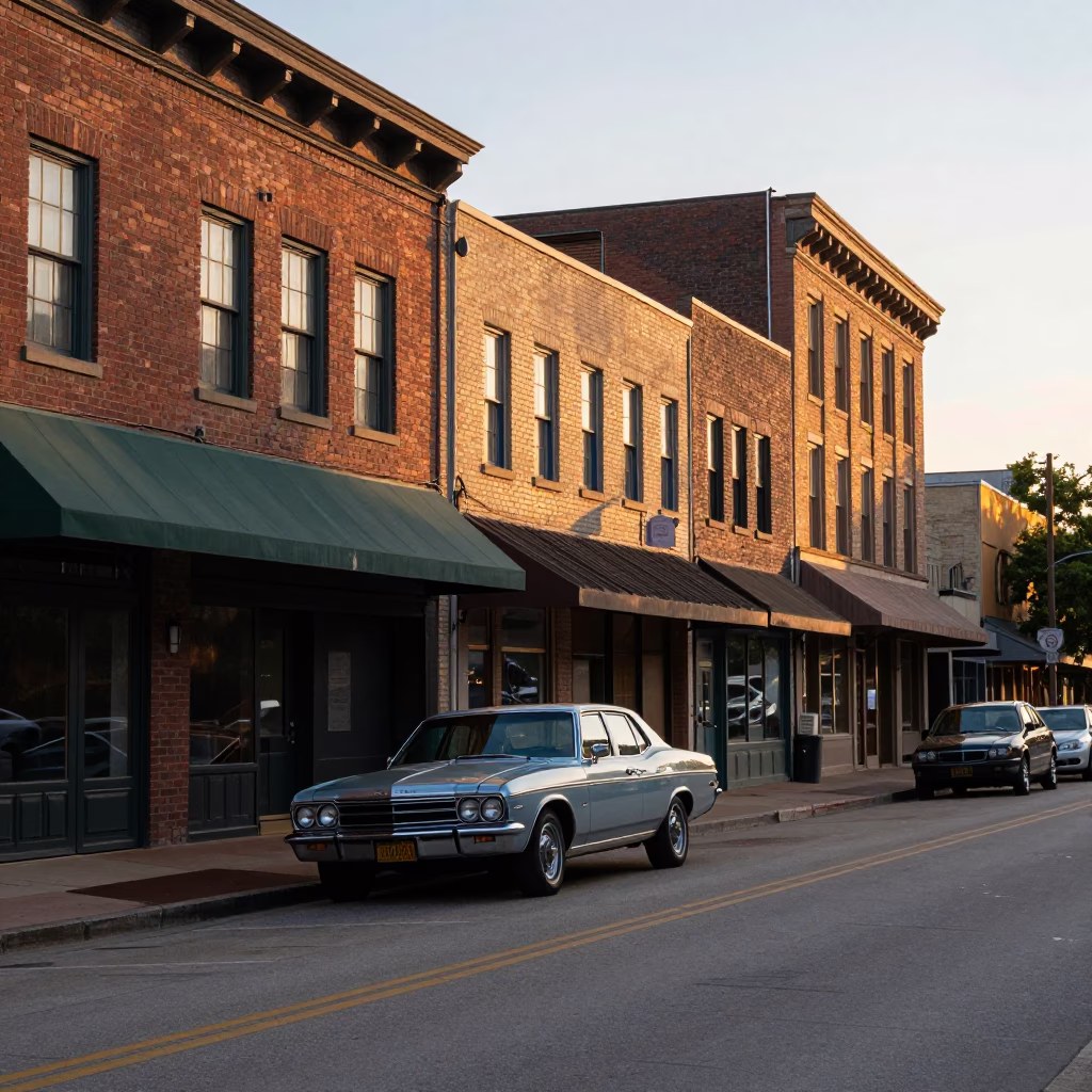 Austin Texas Downtown Street Scene at Dawn with Vintage Cars and Neon Signs in in Austin, Texas, United States