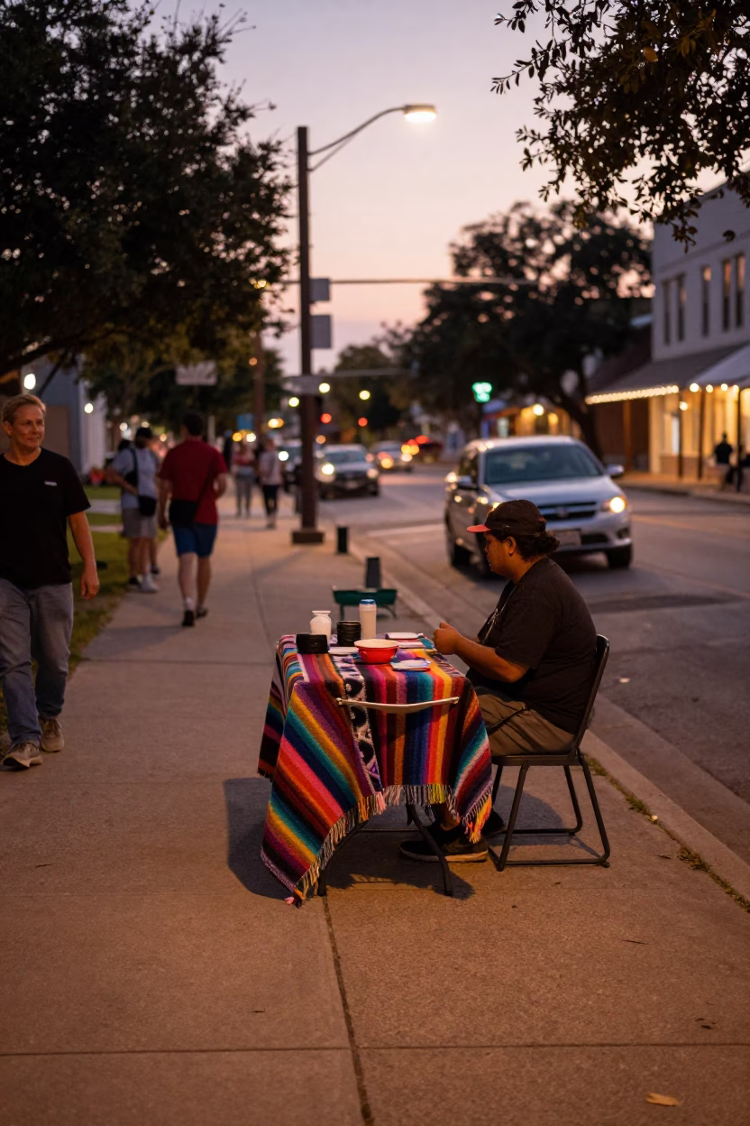 Austin Texas Dusk Street Scene with Colorful Blanket and Local Market Items in in Austin, Texas, United States