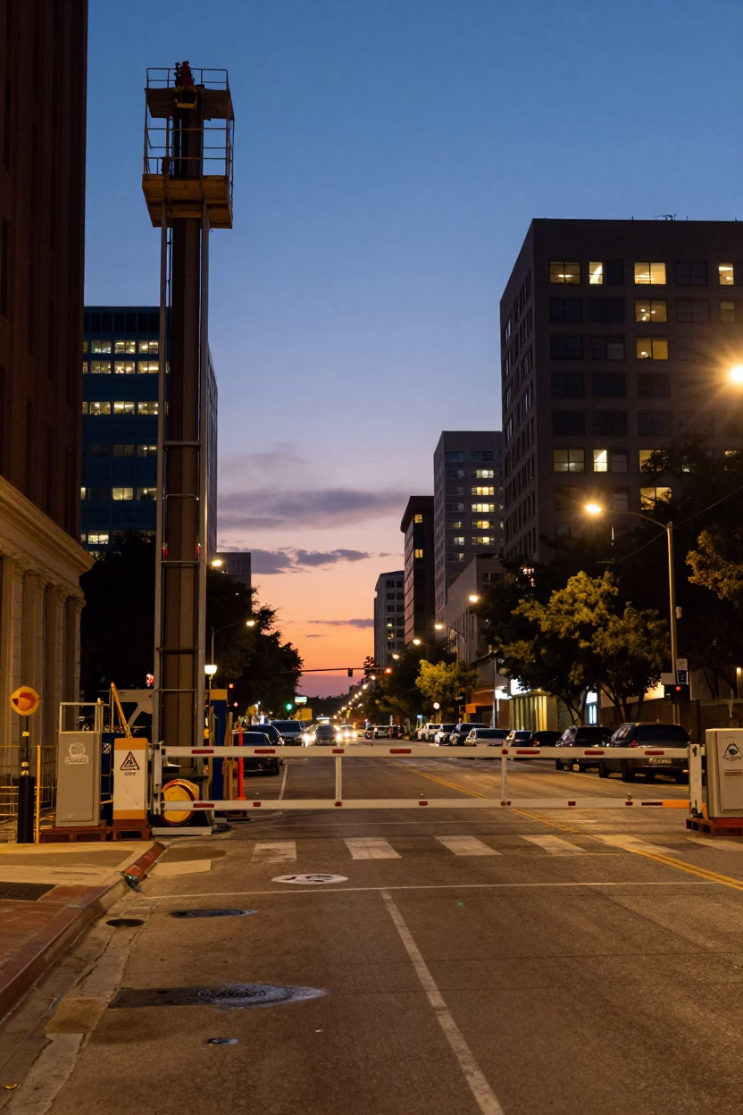 Austin Texas Dusk Street Scene with Construction Elevator Gate and Rebar Bundles in in Austin, Texas, United States