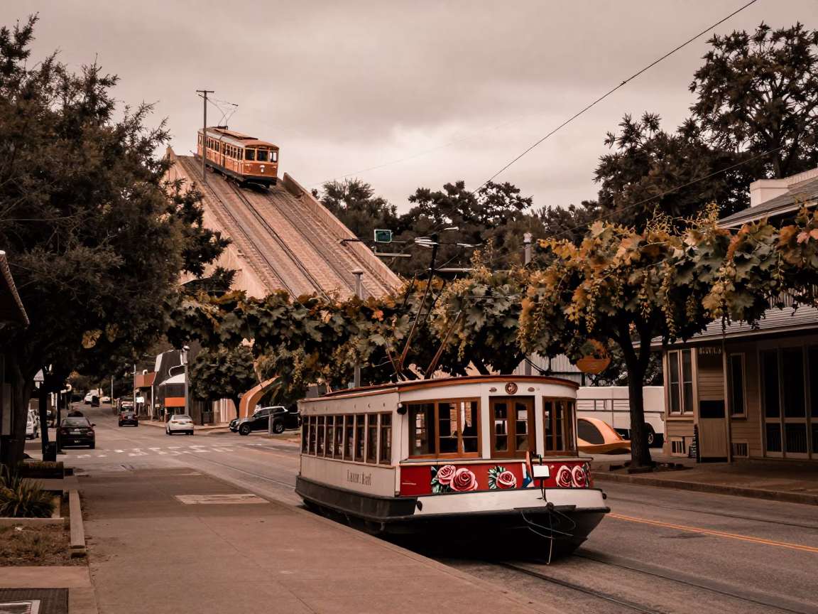 Austin Texas Dusk Street Scene with Grapevine and Tram Hill View in in Austin, Texas, United States