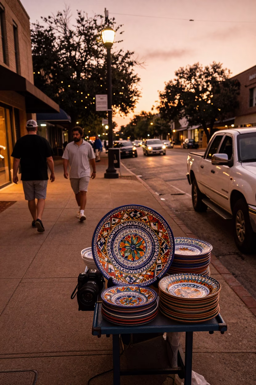 Austin Texas Dusk Street Scene with Vintage Majolica Plate and Clear Glass Rail in in Austin, Texas, United States
