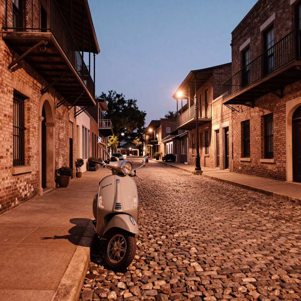 Austin Texas Dusk Street Scene with Vintage Vespa and Cobblestone Lane in Copper Light in in Austin, Texas, United States