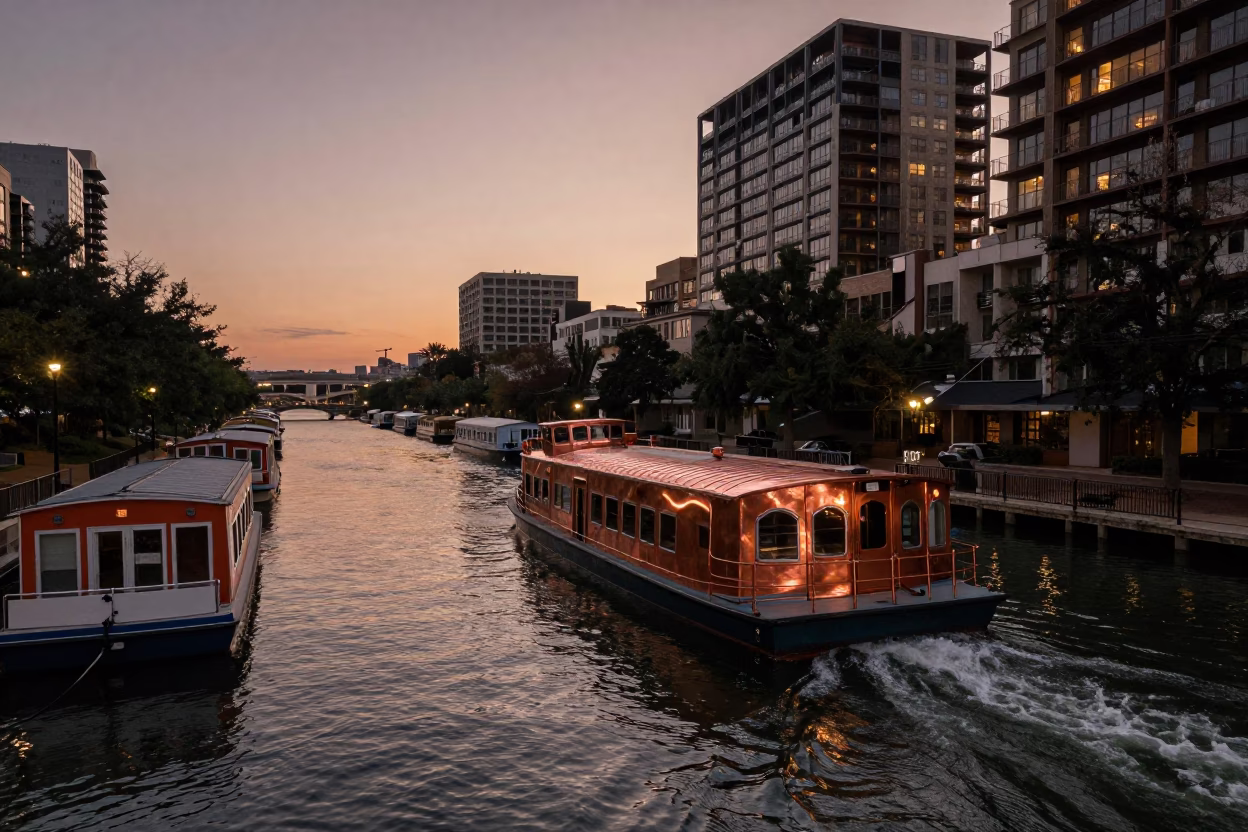 Austin Texas Dusk Water Taxi Canal Houseboats Copper Light Street Scene in in Austin, Texas, United States