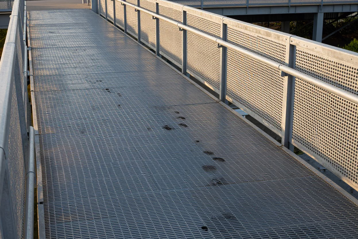 Austin Texas Early Afternoon Pedestrian Overpass with Perforated Metal and Wet Footsteps in in Austin, Texas, United States