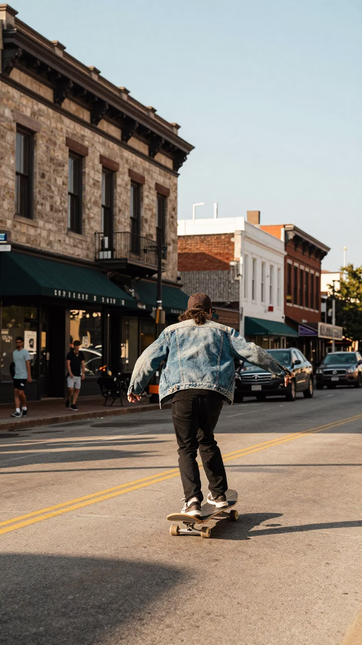 Austin Texas Early Afternoon Skateboarder Riding Downtown Street With Vintage 1980s Atmosphere in in Austin, Texas, United States