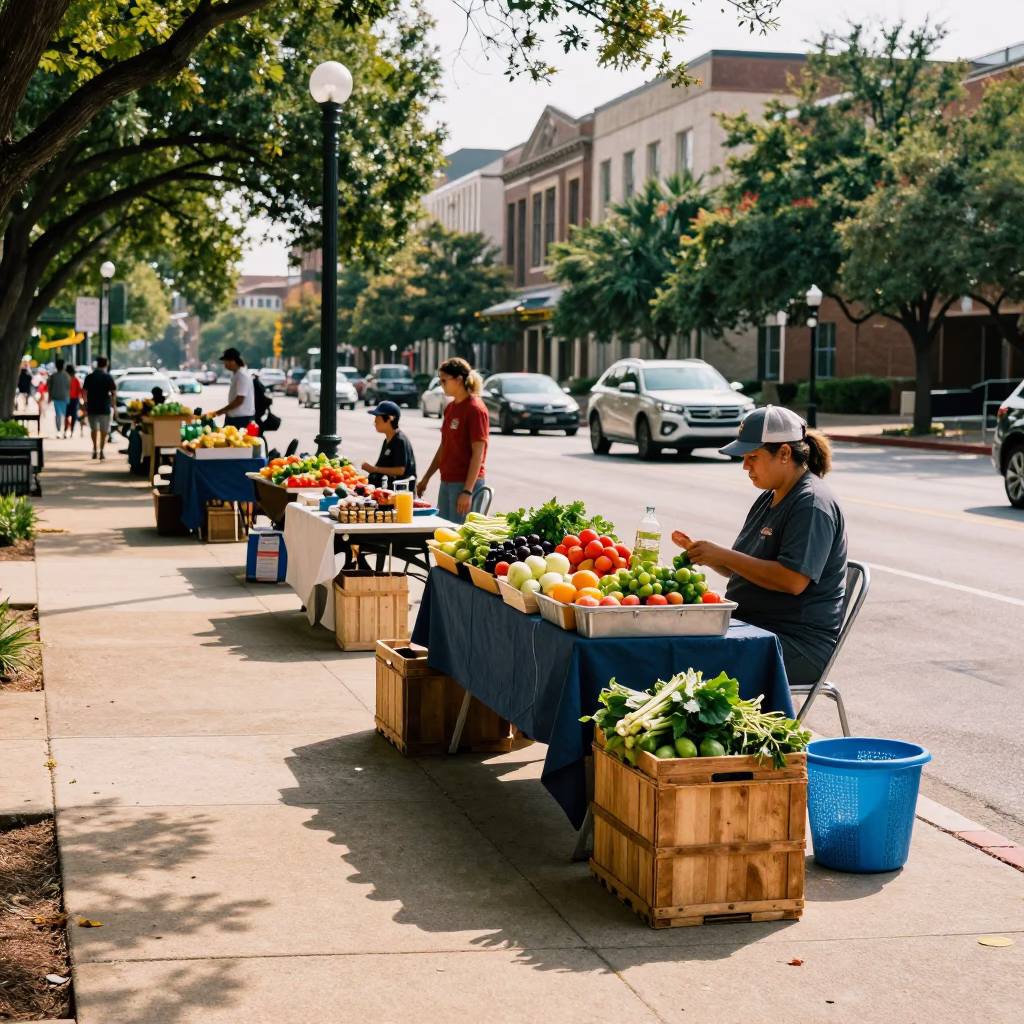 Austin Texas Early Afternoon Street Scene with Colorful Vendors and Pedestrians in in Austin, Texas, United States