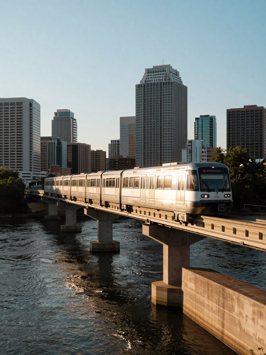 Austin Texas Early Afternoon Sun Stripe Across Monorail and River Scenic View in in Austin, Texas, United States