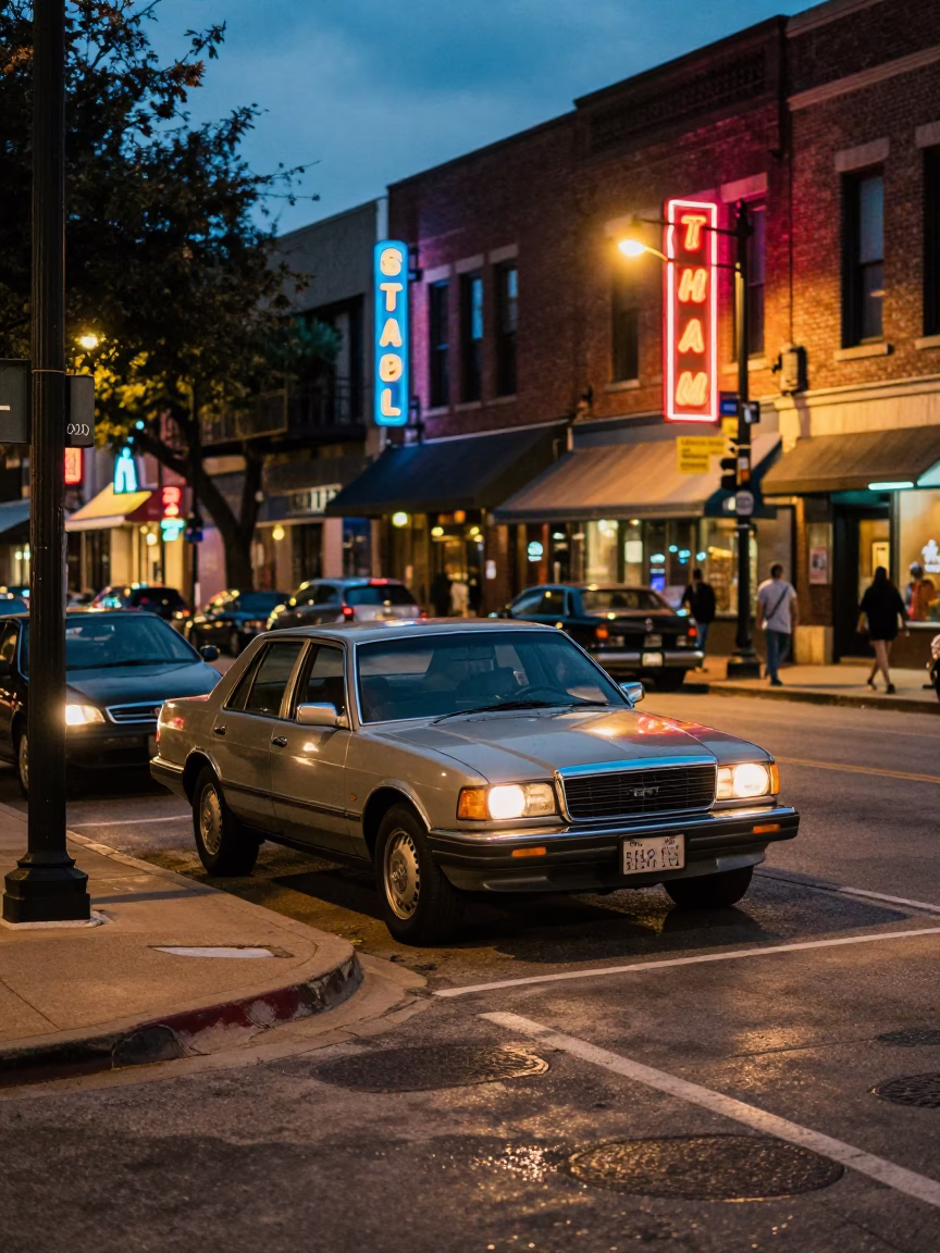 Austin Texas Early Evening Street Scene with Colorful Neon and Vintage Cars in in Austin, Texas, United States