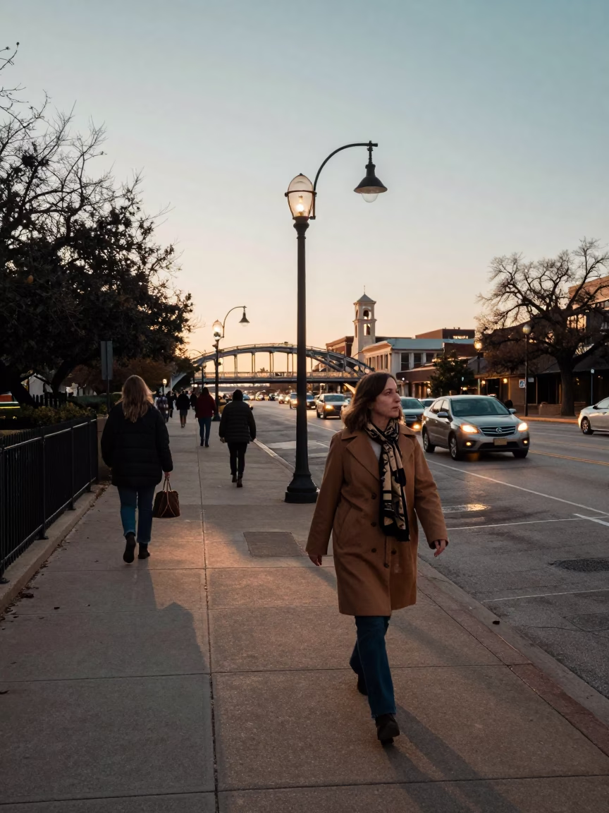 Austin Texas Early Evening Street Scene with Scarf and Glass Railing in in Austin, Texas, United States