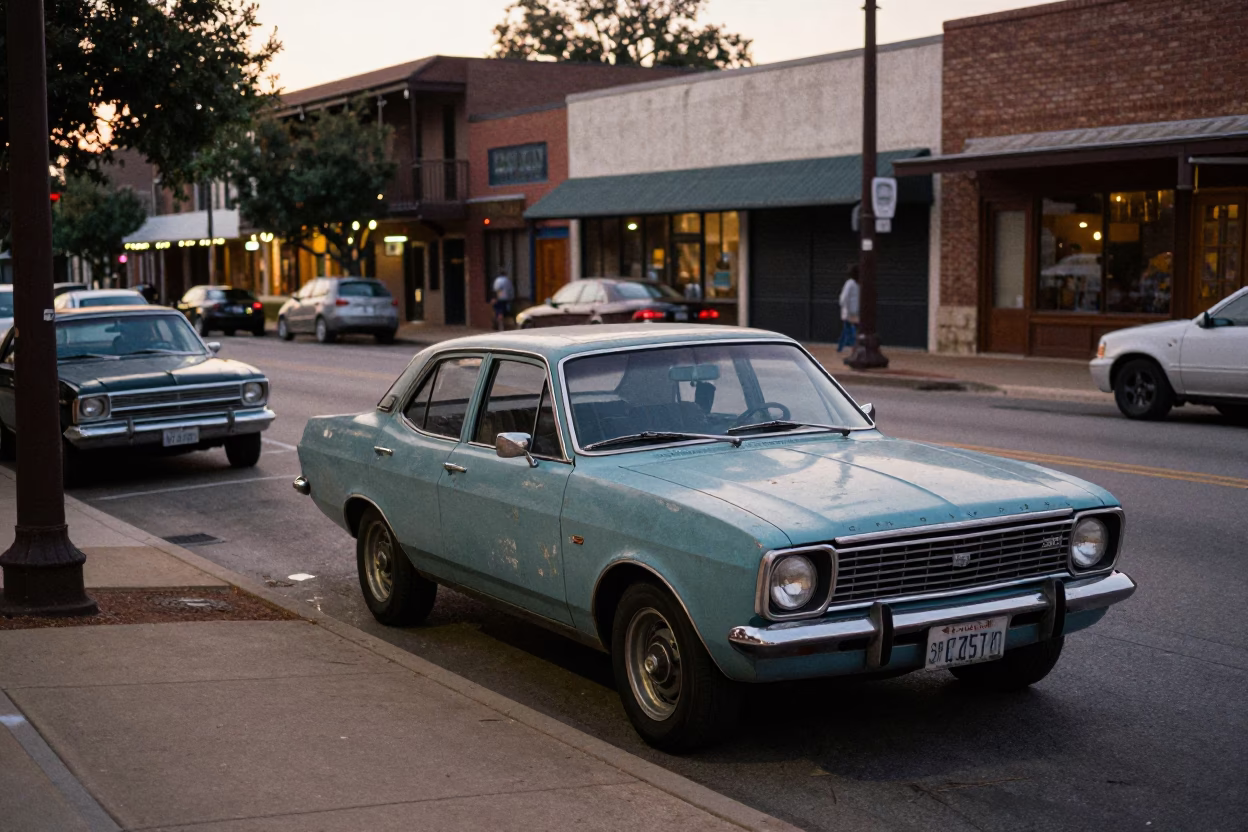 Austin Texas Early Evening Street Scene with Vintage Cars and Local Diners in in Austin, Texas, United States