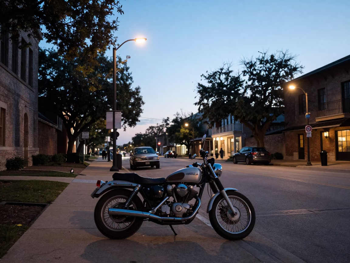 Austin Texas Early Evening Street Scene with Vintage Motorcycle and Brushed Steel Details in in Austin, Texas, United States