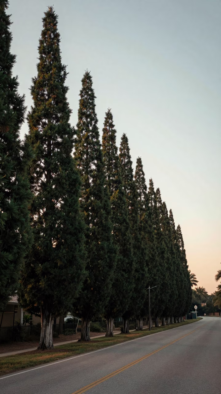 Austin Texas Early Morning Cypress Trees Along Road with Vintage 1950s Car in in Austin, Texas, United States