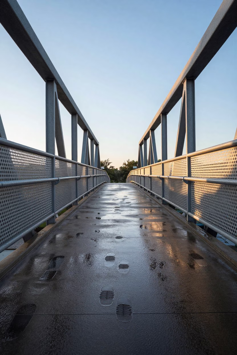 Austin Texas Early Morning Pedestrian Overpass Perforated Metal Wet Footsteps Urban Commute in in Austin, Texas, United States