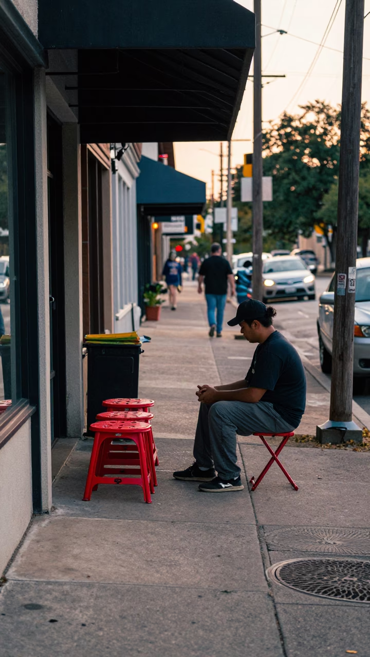Austin Texas Early Morning Street Scene with Folding Stools and Local Commerce in in Austin, Texas, United States