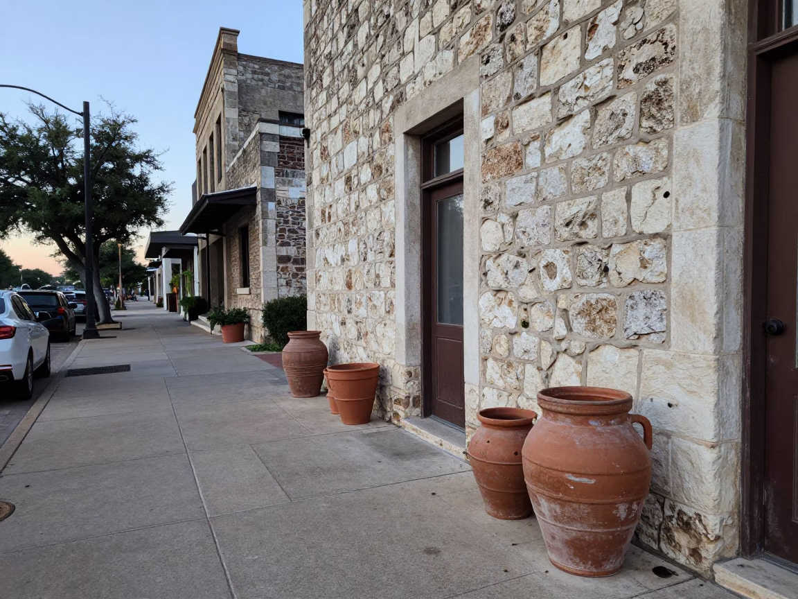 Austin Texas Early Morning Street Scene with Terracotta Pots and Wooden Stool in in Austin, Texas, United States