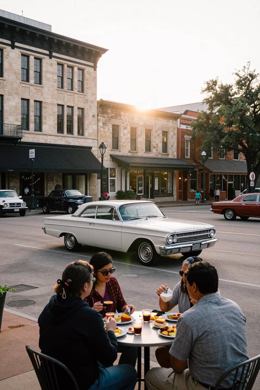 Austin Texas Early Morning Street Scene with Vintage Cars and Local Breakfast in in Austin, Texas, United States