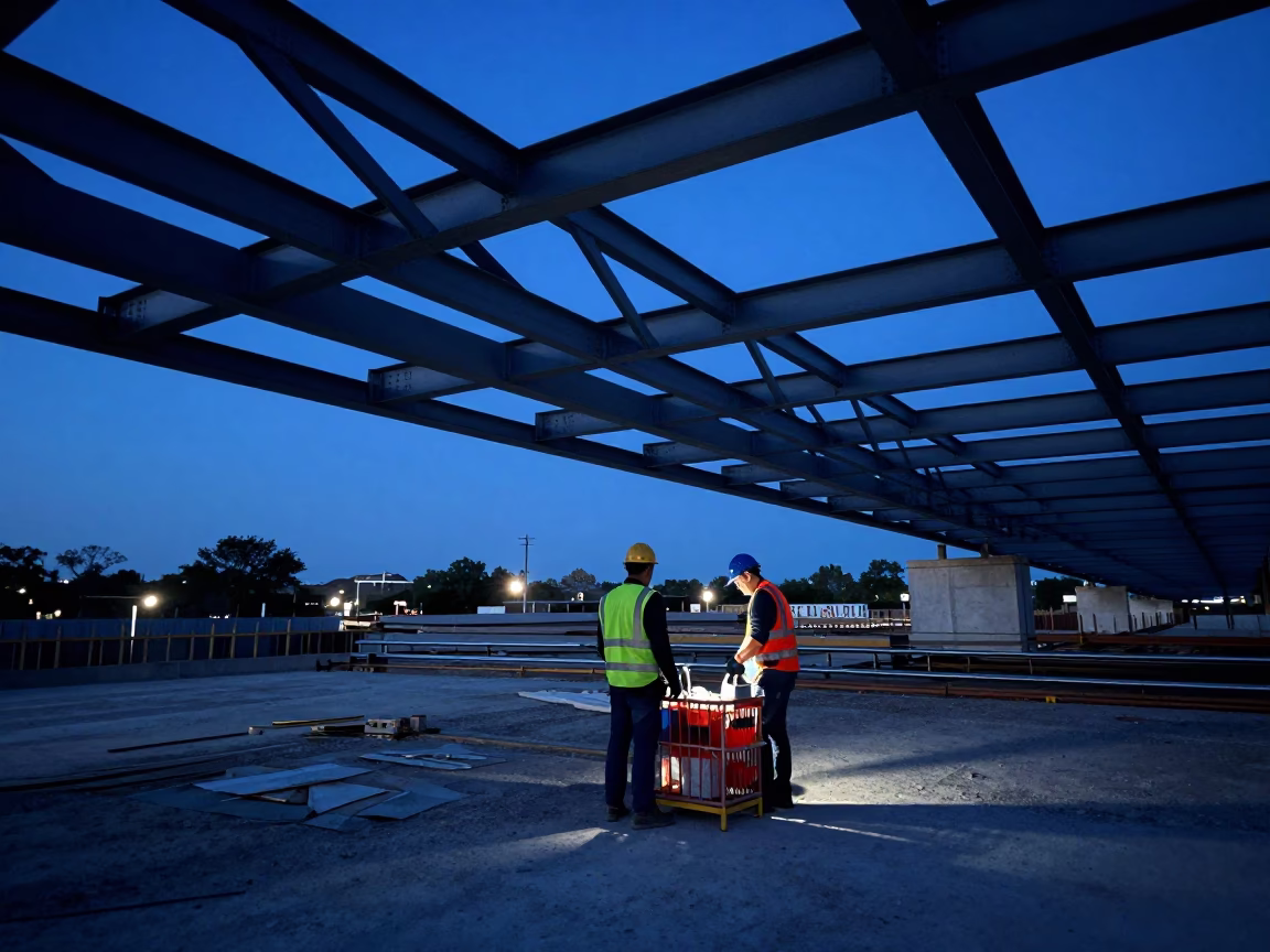 Austin Texas Evening Blue Hour Construction Workers Scrap Basket and Bridge Platform in in Austin, Texas, United States