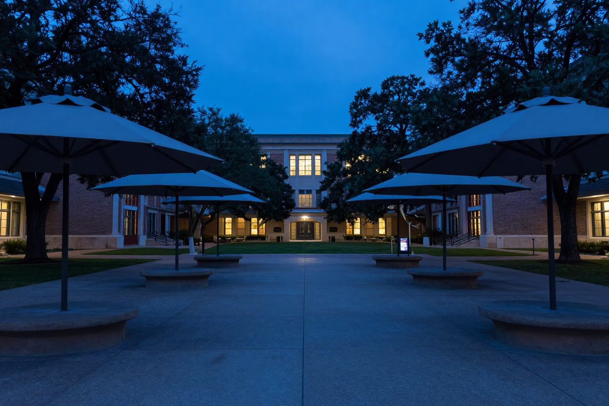 Austin Texas Evening Blue Hour University Courtyard Umbrellas and Concrete Architecture in in Austin, Texas, United States