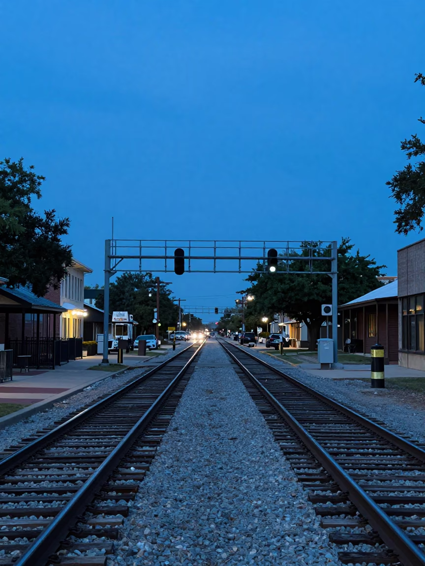 Austin Texas Evening Blue Light Urban Street Scene with Railroad Tracks in in Austin, Texas, United States