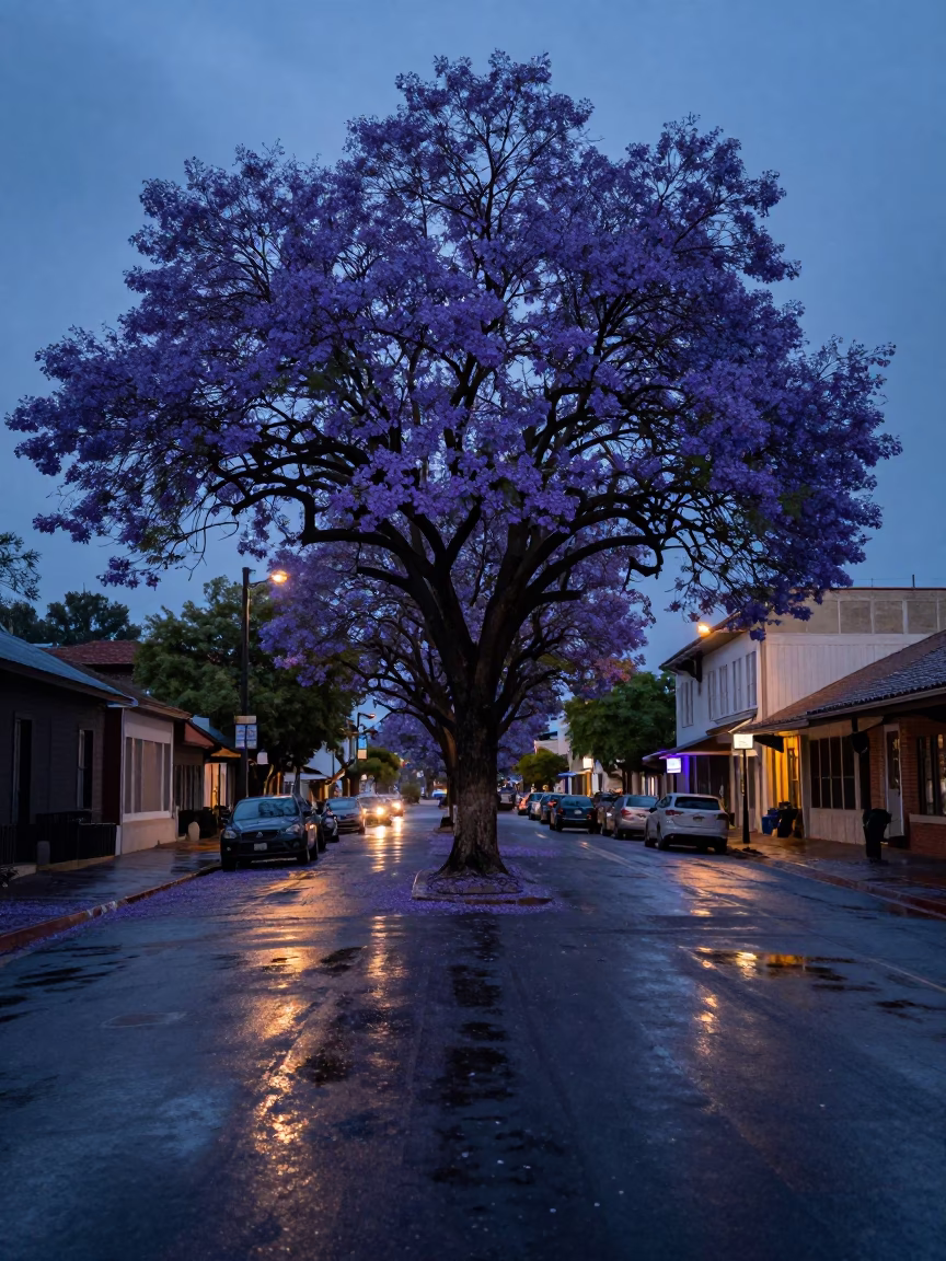 Austin Texas Evening Jacaranda Purple Bloom Reflections on Wet Street in in Austin, Texas, United States