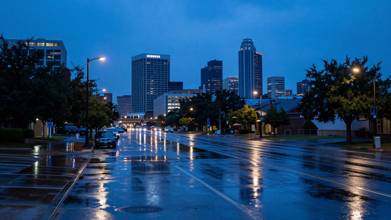 Austin Texas Evening Skyline Reflections on Wet Streets Under Blue Hour in in Austin, Texas, United States