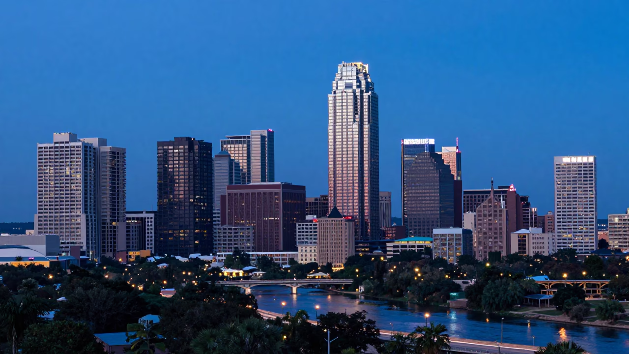 Austin Texas Evening Skyline View from South Congress Avenue with City Lights in in Austin, Texas, United States