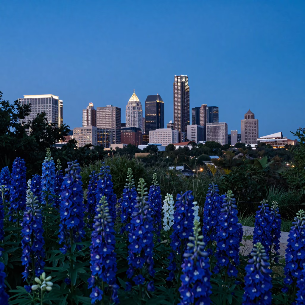Austin Texas Evening Skyline View from Zilker Park with Delphinium Border in in Austin, Texas, United States
