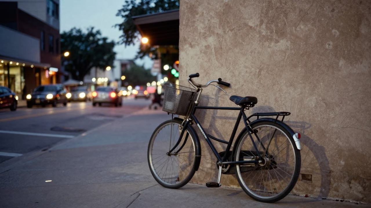 Austin Texas Evening Street Scene with Bicycle Basket and City Lights Glow in in Austin, Texas, United States