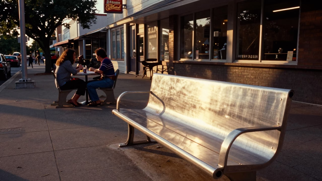 Austin Texas Evening Street Scene with Brushed Steel Bench and Local Dining in in Austin, Texas, United States