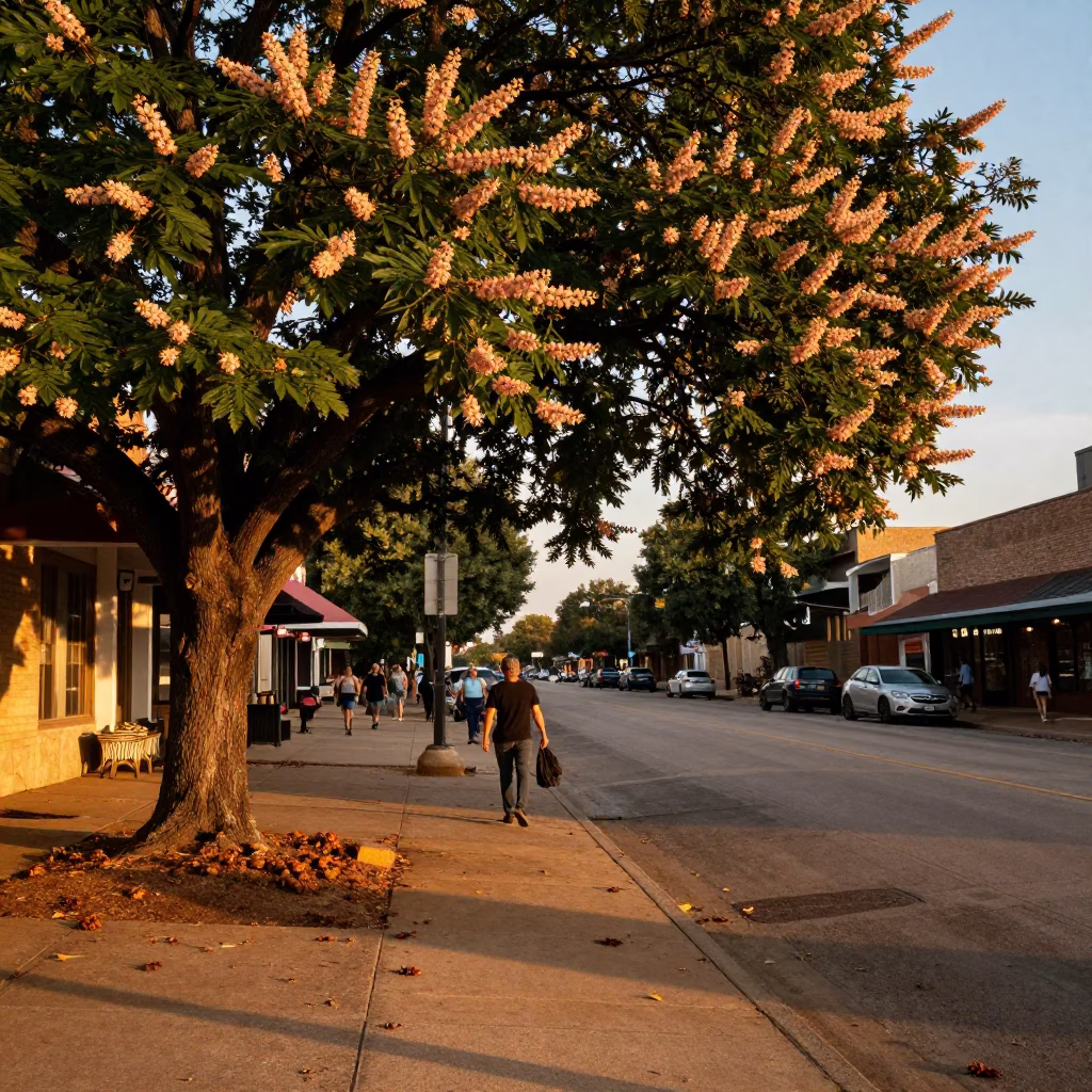 Austin Texas Evening Street Scene with Chestnut Tree and Local Crowd in in Austin, Texas, United States