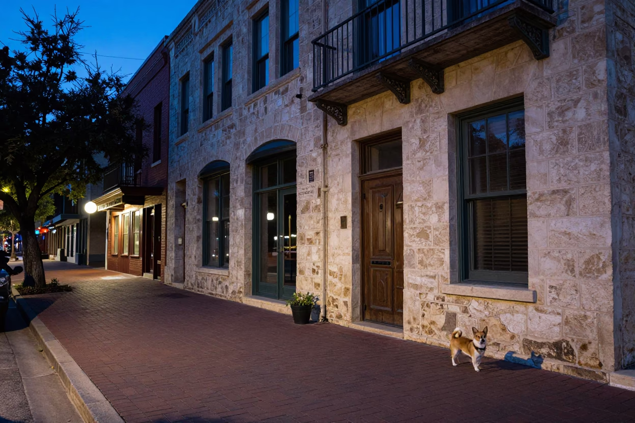 Austin Texas Evening Street Scene with Chihuahua and Local Architecture in in Austin, Texas, United States