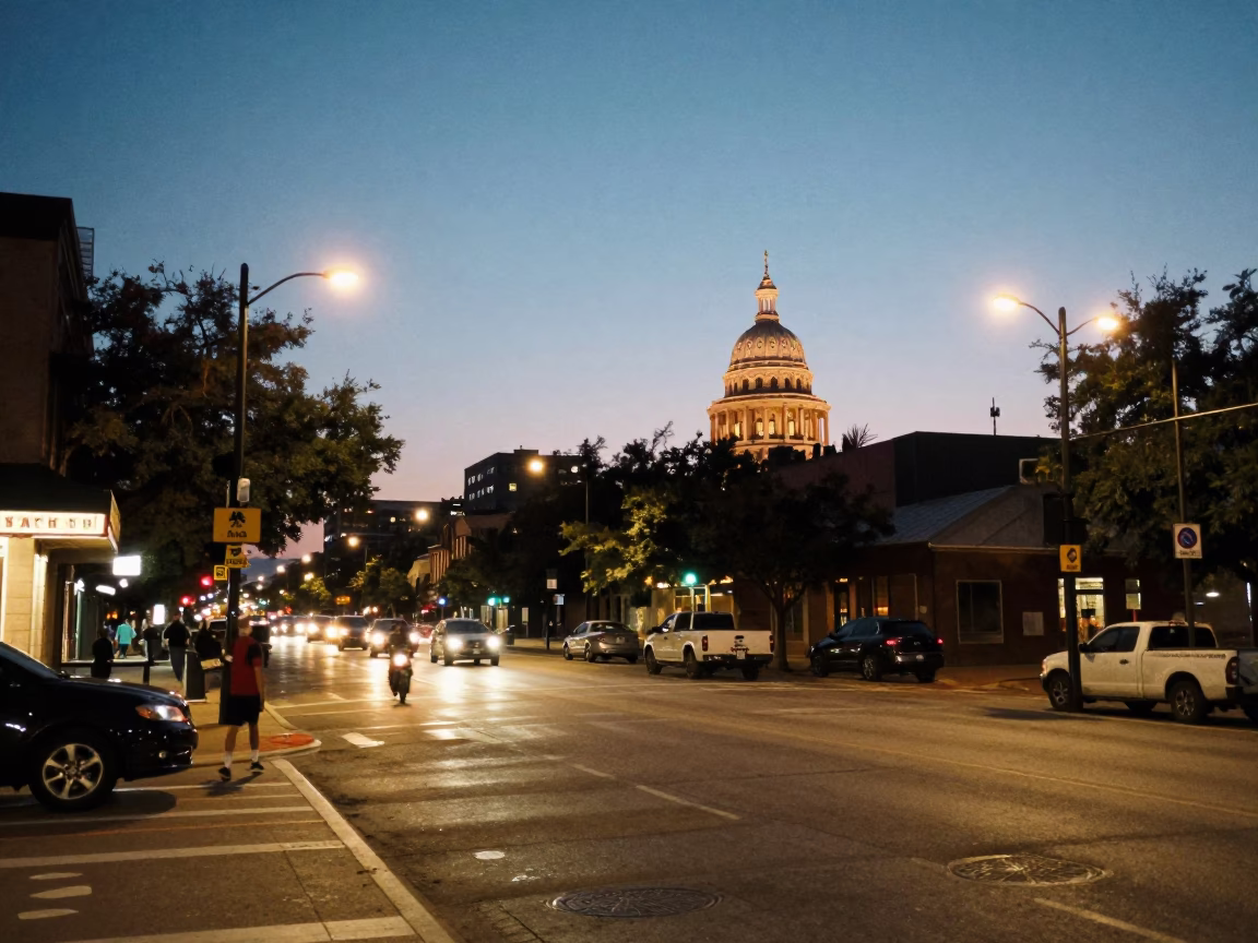 Austin Texas evening street scene with city lights and local dining in in Austin, Texas, United States