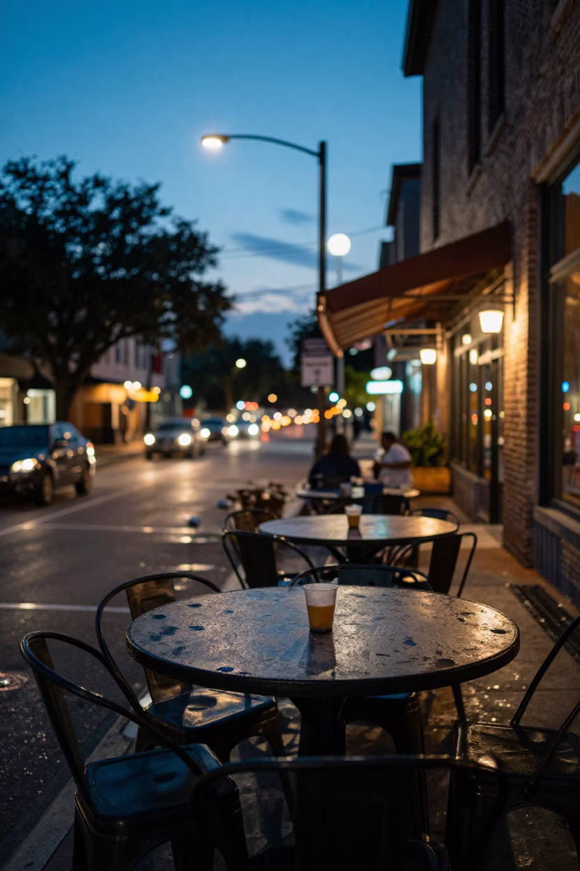Austin Texas Evening Street Scene with Condensation on Tabletop and Utensil Crocks in in Austin, Texas, United States