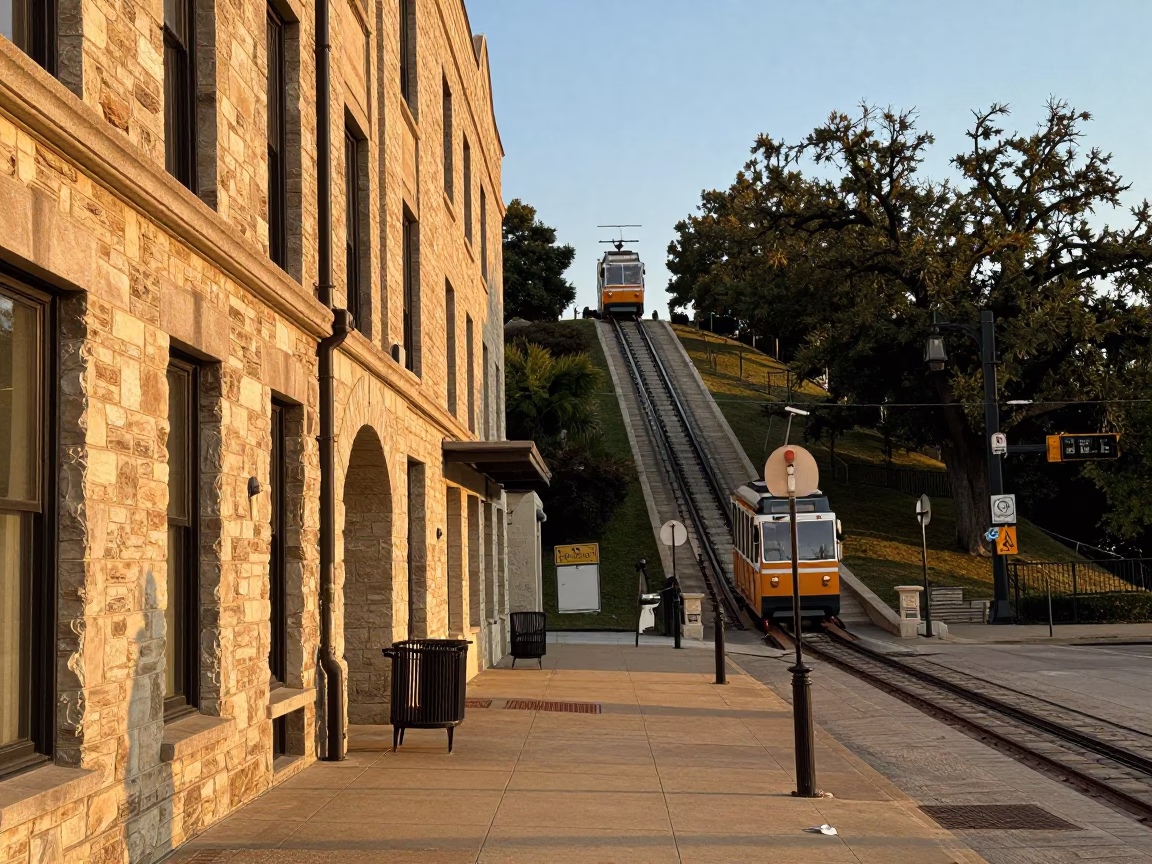 Austin Texas Evening Street Scene with Funicular Hill Climb and Local Pedestrians in in Austin, Texas, United States