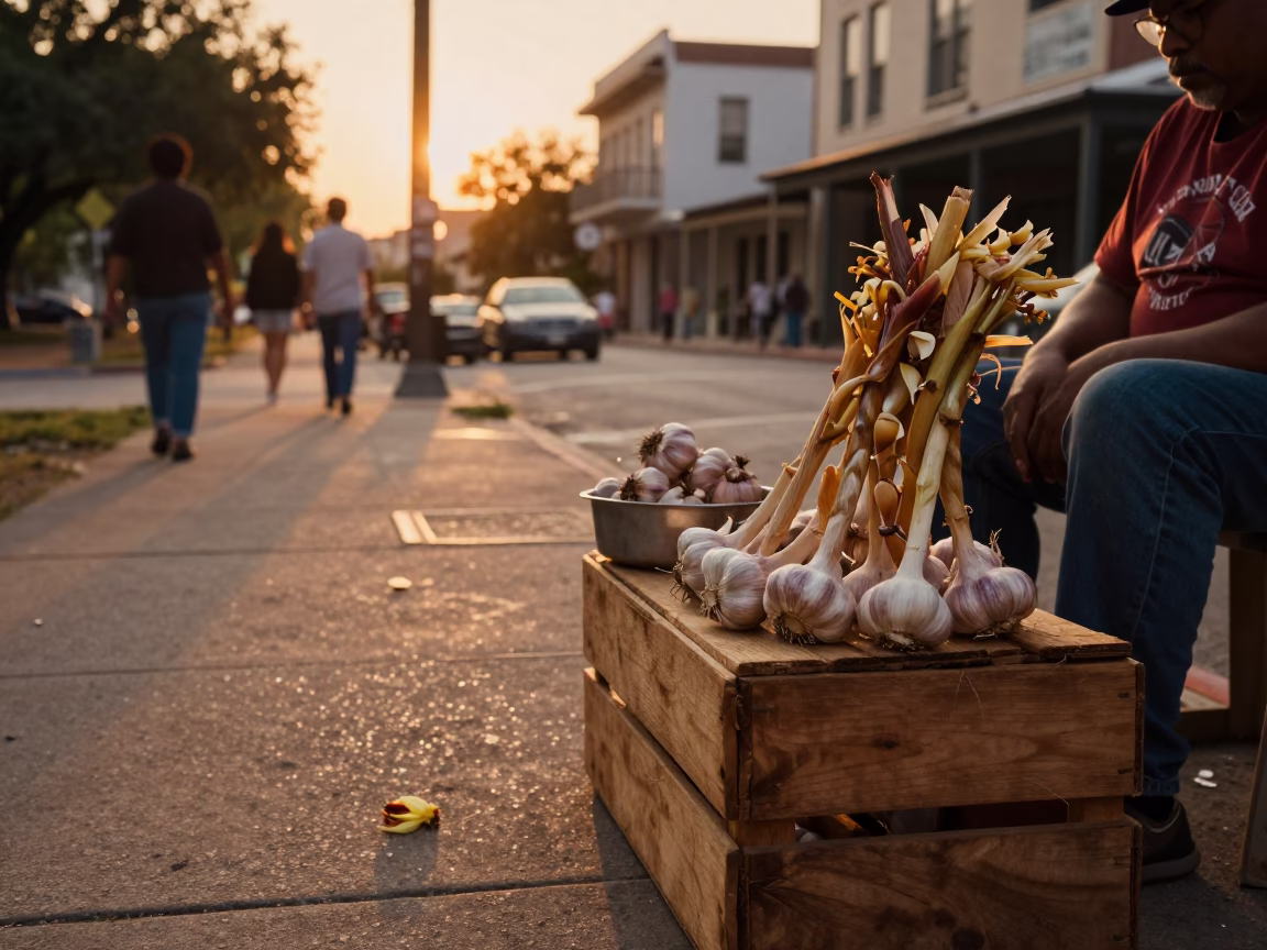Austin Texas Evening Street Scene with Garlic and Frangipani Details in in Austin, Texas, United States