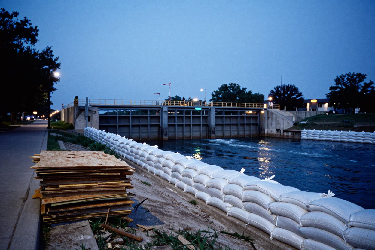 Austin Texas evening street scene with levee floodgate and sandbags under last blue light in in Austin, Texas, United States