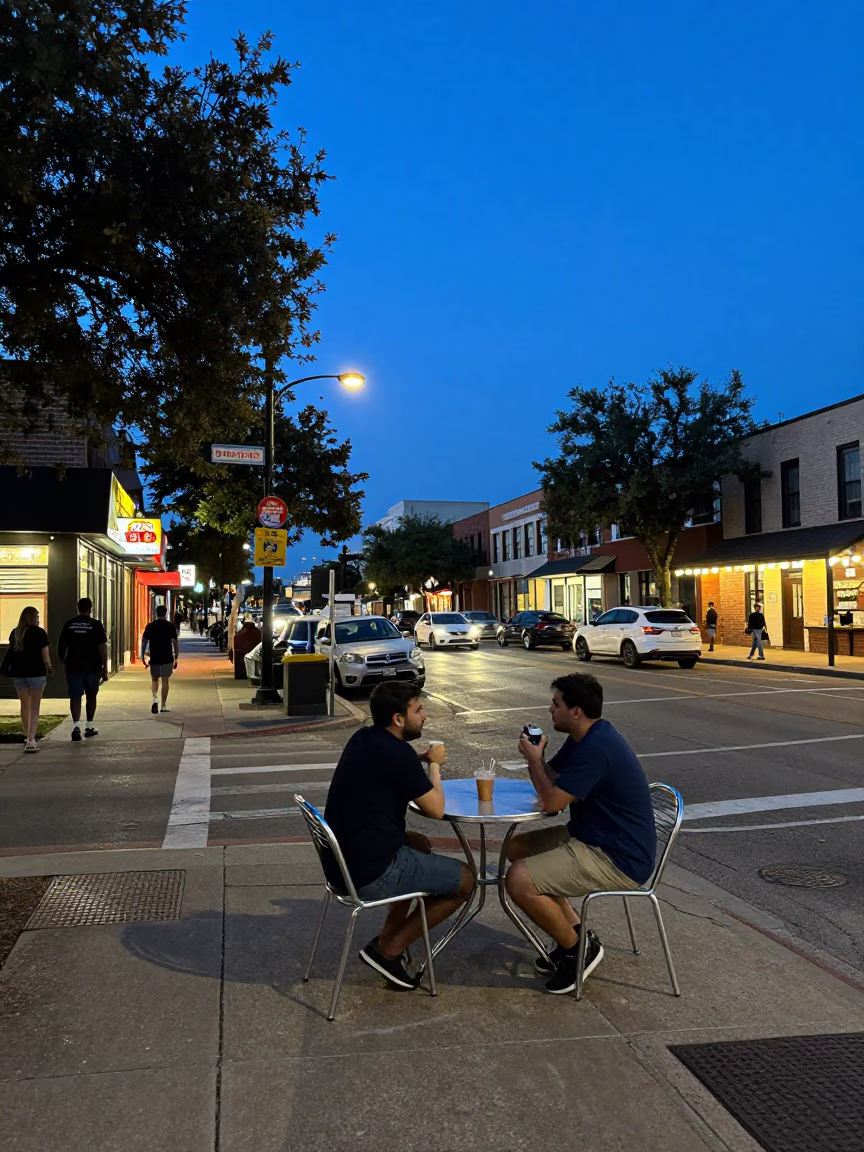 Austin Texas Evening Street Scene with Local Dining and Urban Elements in in Austin, Texas, United States
