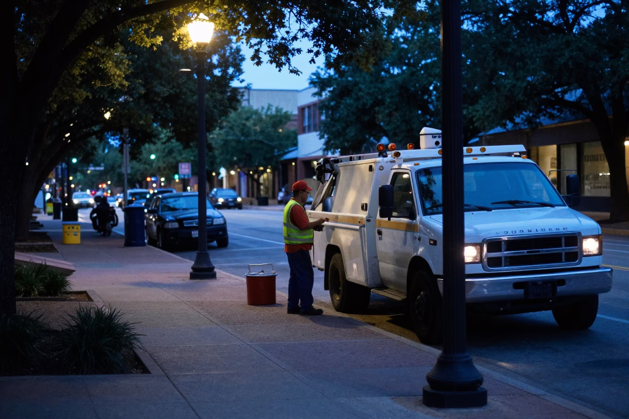 Austin Texas Evening Street Scene with Local Workers and Urban Details in in Austin, Texas, United States