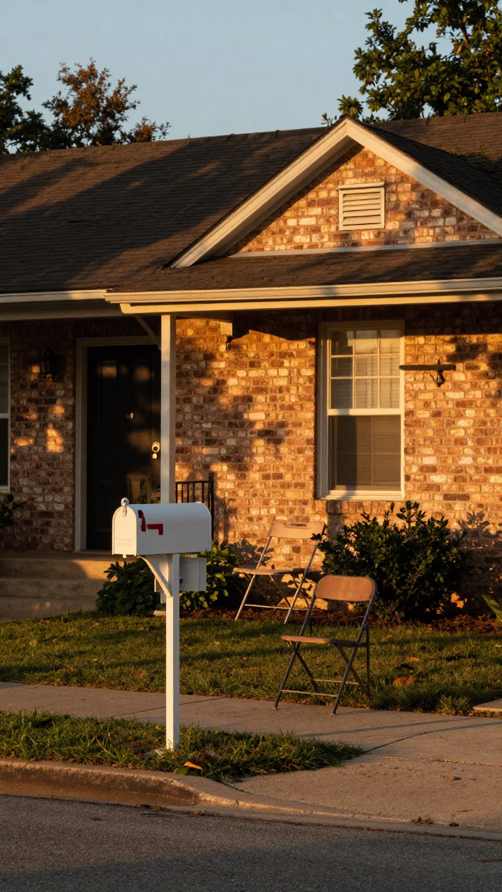 Austin Texas Evening Street Scene with Mailbox and Folding Chair on Sidewalk in in Austin, Texas, United States
