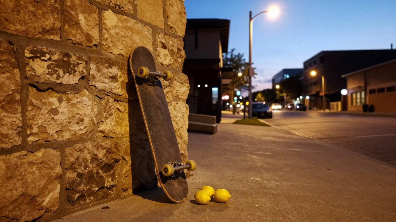 Austin Texas Evening Street Scene with Skateboard and Lemons at Dusk in in Austin, Texas, United States