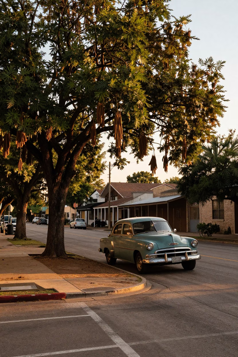 Austin Texas Evening Street Scene with Tamarind Tree and Local Interaction in in Austin, Texas, United States