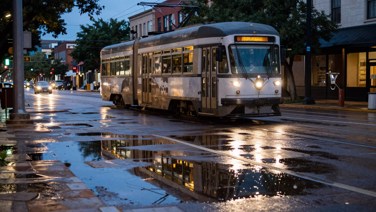 Austin Texas Evening Street Scene with Tram Reflections on Wet Cobblestones in in Austin, Texas, United States