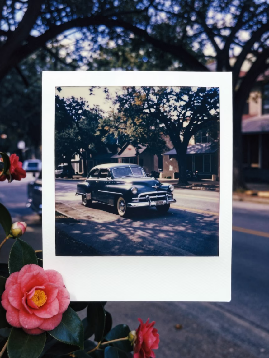 Austin Texas Evening Street Scene with Vintage Car and Camellia Blooms in in Austin, Texas, United States