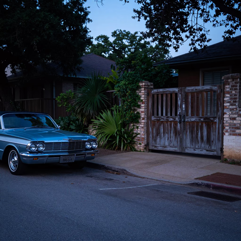 Austin Texas Evening Street Scene with Vintage Car and Garden Gate in Blue Hour in in Austin, Texas, United States