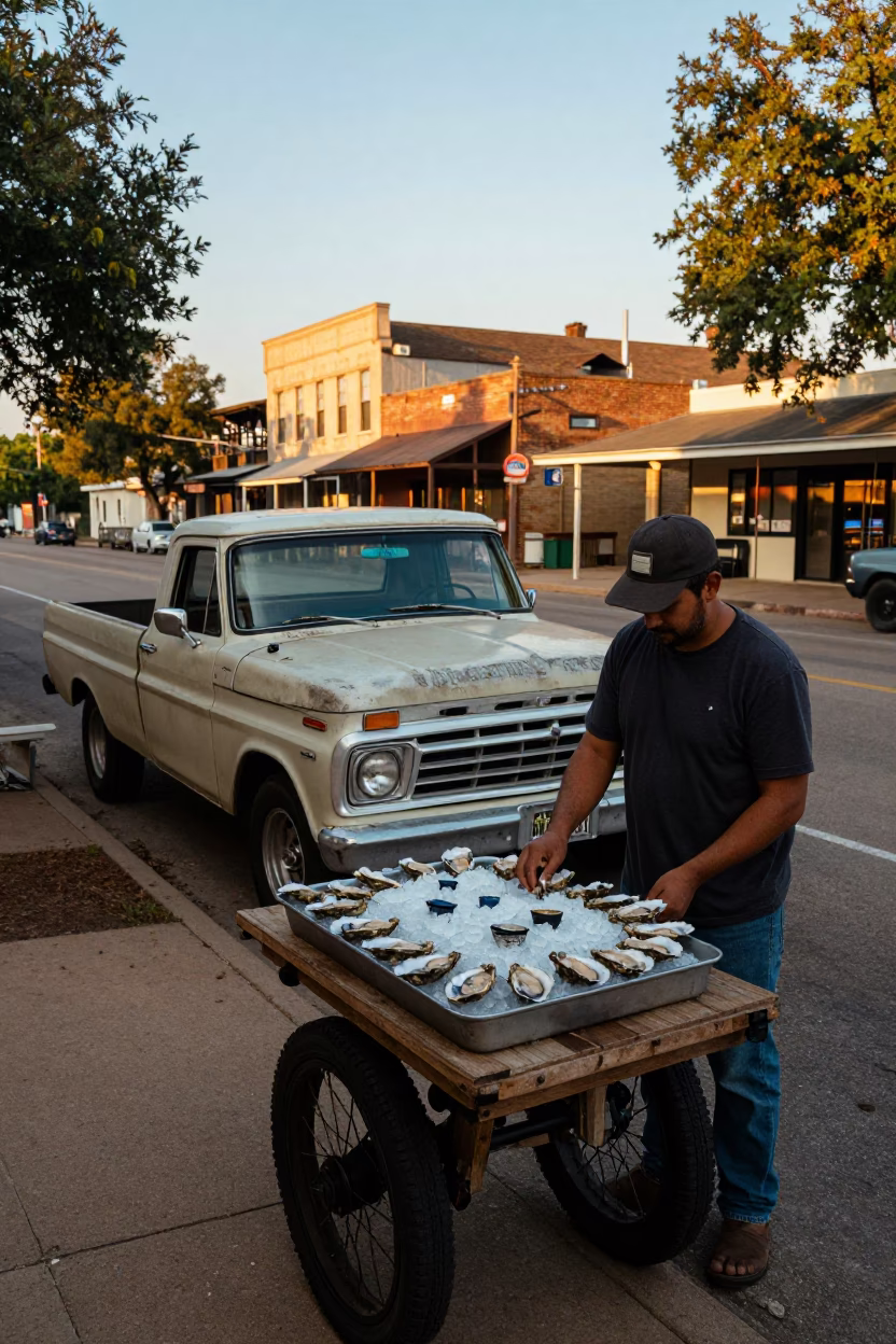 Austin Texas Evening Street Scene with Vintage Car and Local Architecture in in Austin, Texas, United States