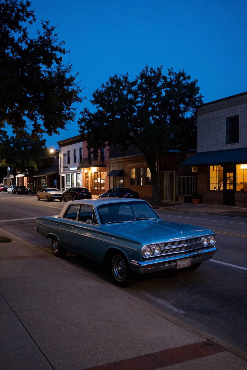Austin Texas Evening Street Scene with Vintage Car and Local Shop in in Austin, Texas, United States